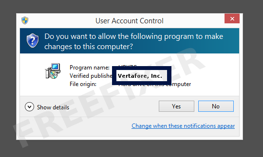 Screenshot where Vertafore, Inc. appears as the verified publisher in the UAC dialog
